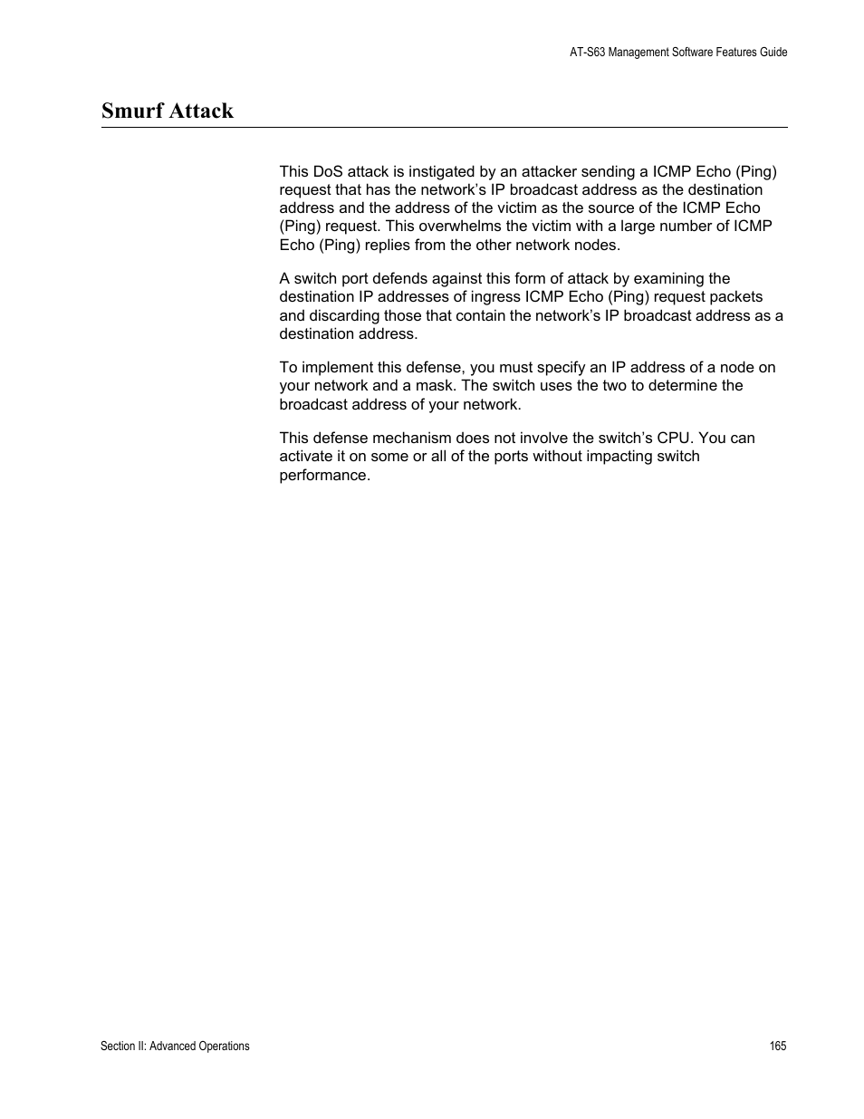 Smurf attack | Allied Telesis AT-S63 User Manual | Page 165 / 514
