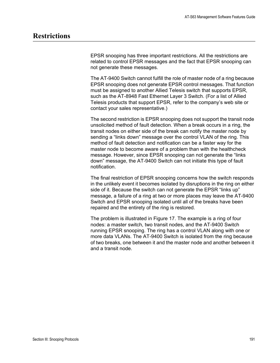 Restrictions | Allied Telesis AT-S63 User Manual | Page 191 / 514