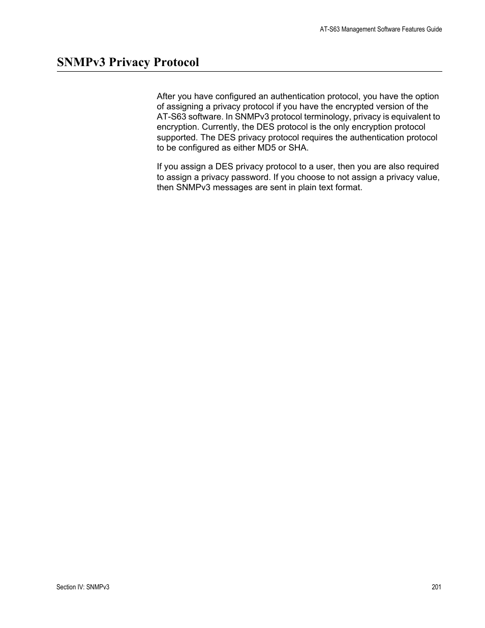 Snmpv3 privacy protocol | Allied Telesis AT-S63 User Manual | Page 201 / 514