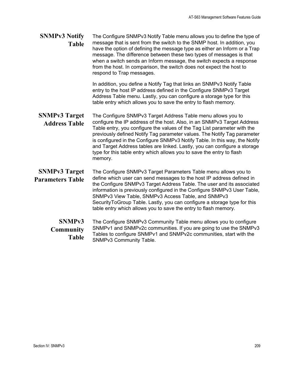 Snmpv3 notify table, Snmpv3 target address table, Snmpv3 target parameters table | Snmpv3 community table | Allied Telesis AT-S63 User Manual | Page 209 / 514