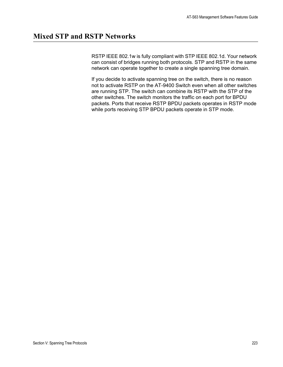 Mixed stp and rstp networks | Allied Telesis AT-S63 User Manual | Page 223 / 514