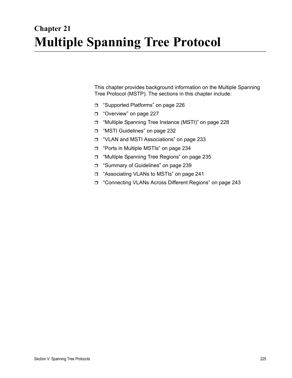 Chapter 21, Multiple spanning tree protocol, Chapter 21: multiple spanning tree protocol | Allied Telesis AT-S63 User Manual | Page 225 / 514