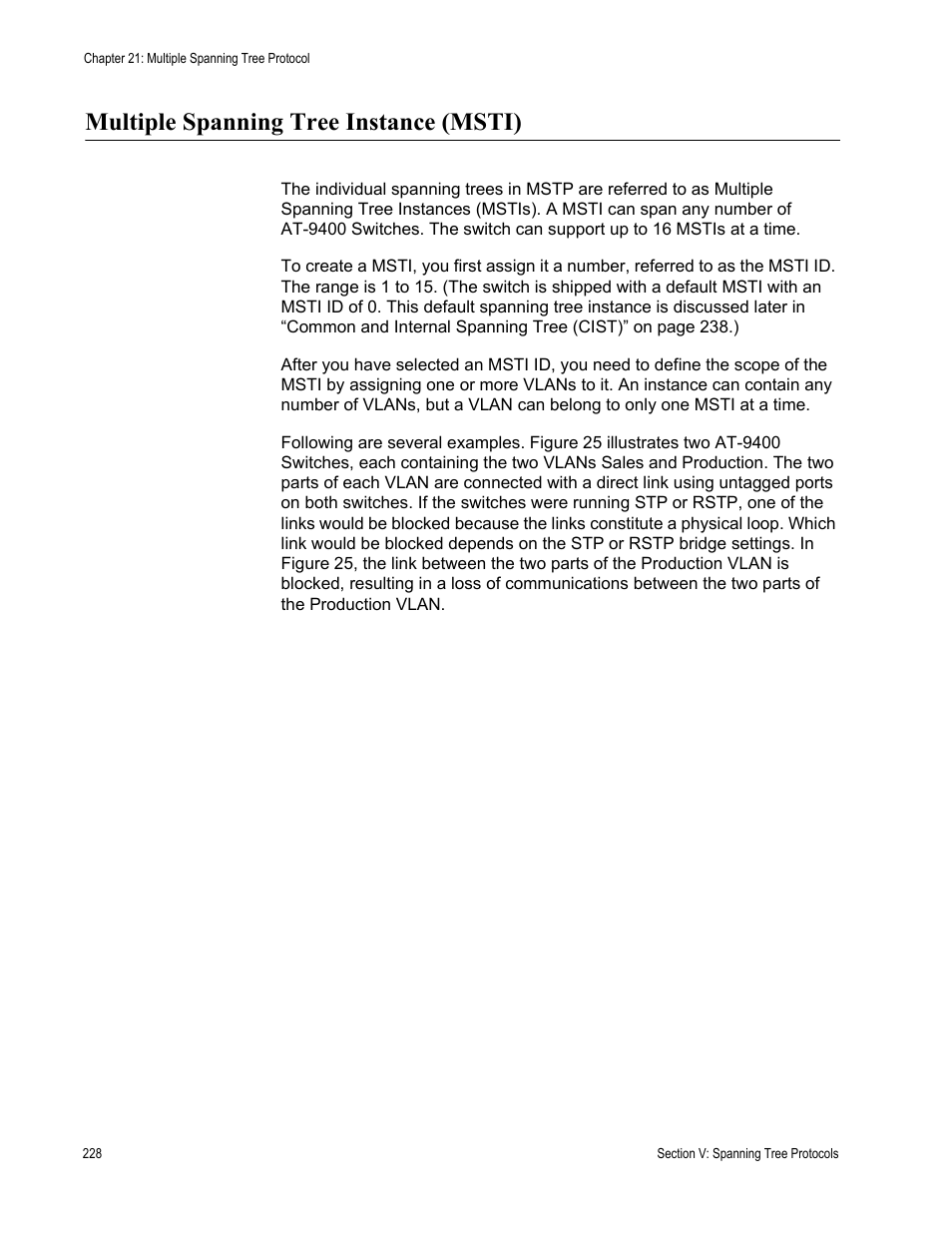 Multiple spanning tree instance (msti) | Allied Telesis AT-S63 User Manual | Page 228 / 514