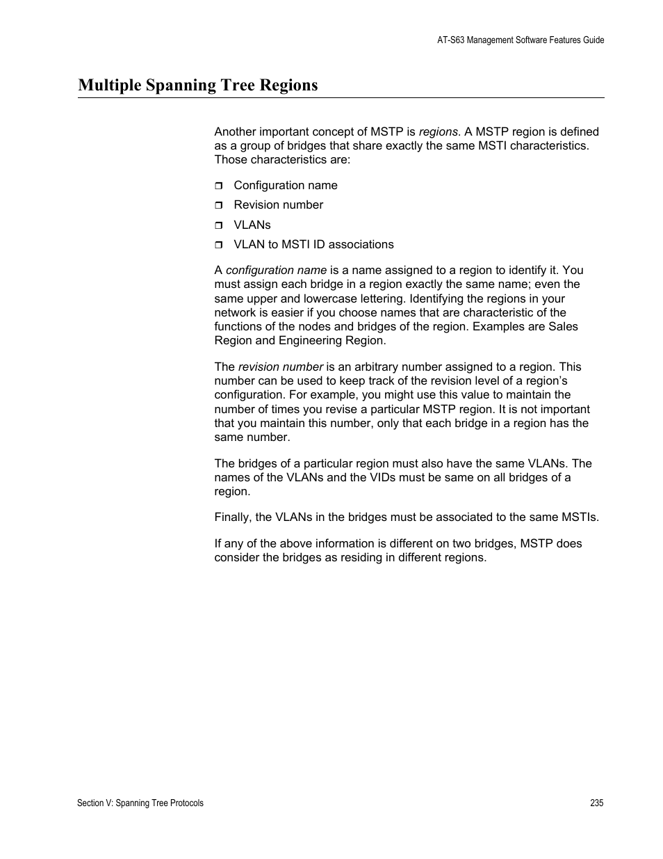 Multiple spanning tree regions | Allied Telesis AT-S63 User Manual | Page 235 / 514