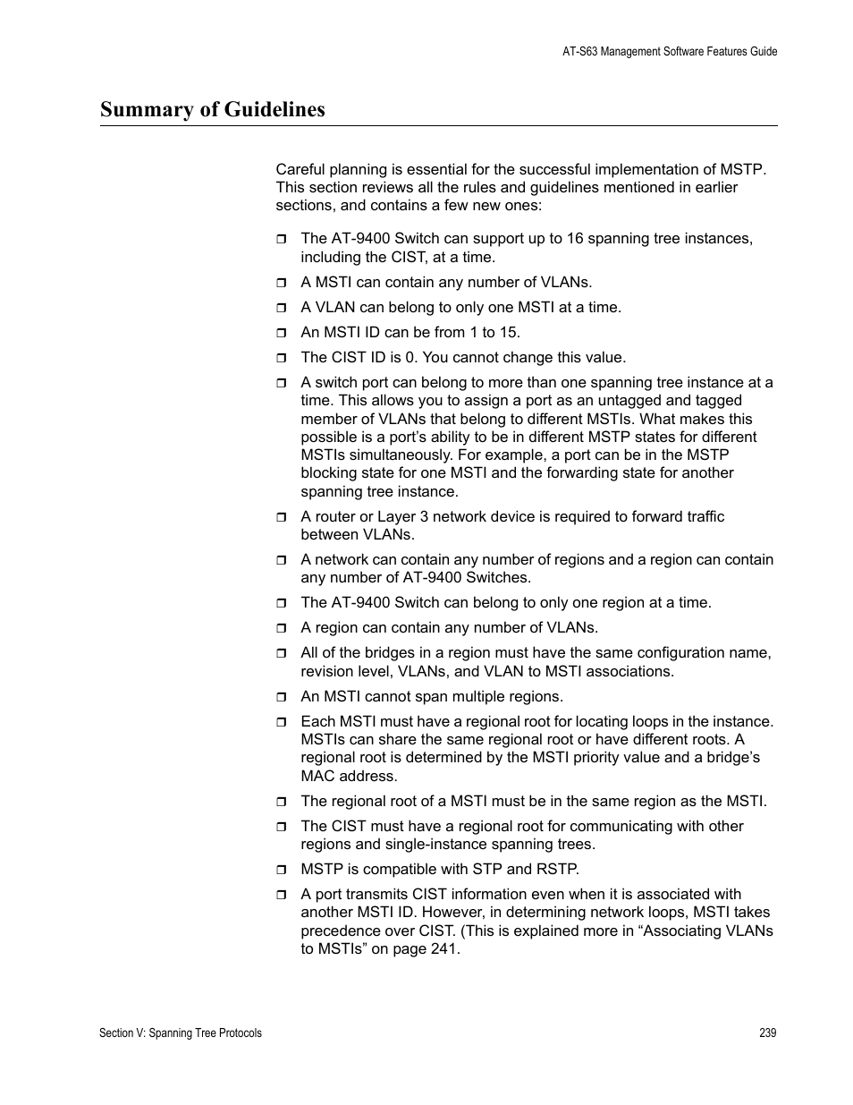 Summary of guidelines | Allied Telesis AT-S63 User Manual | Page 239 / 514