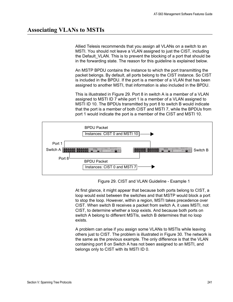 Associating vlans to mstis, Figure 29: cist and vlan guideline - example 1 | Allied Telesis AT-S63 User Manual | Page 241 / 514