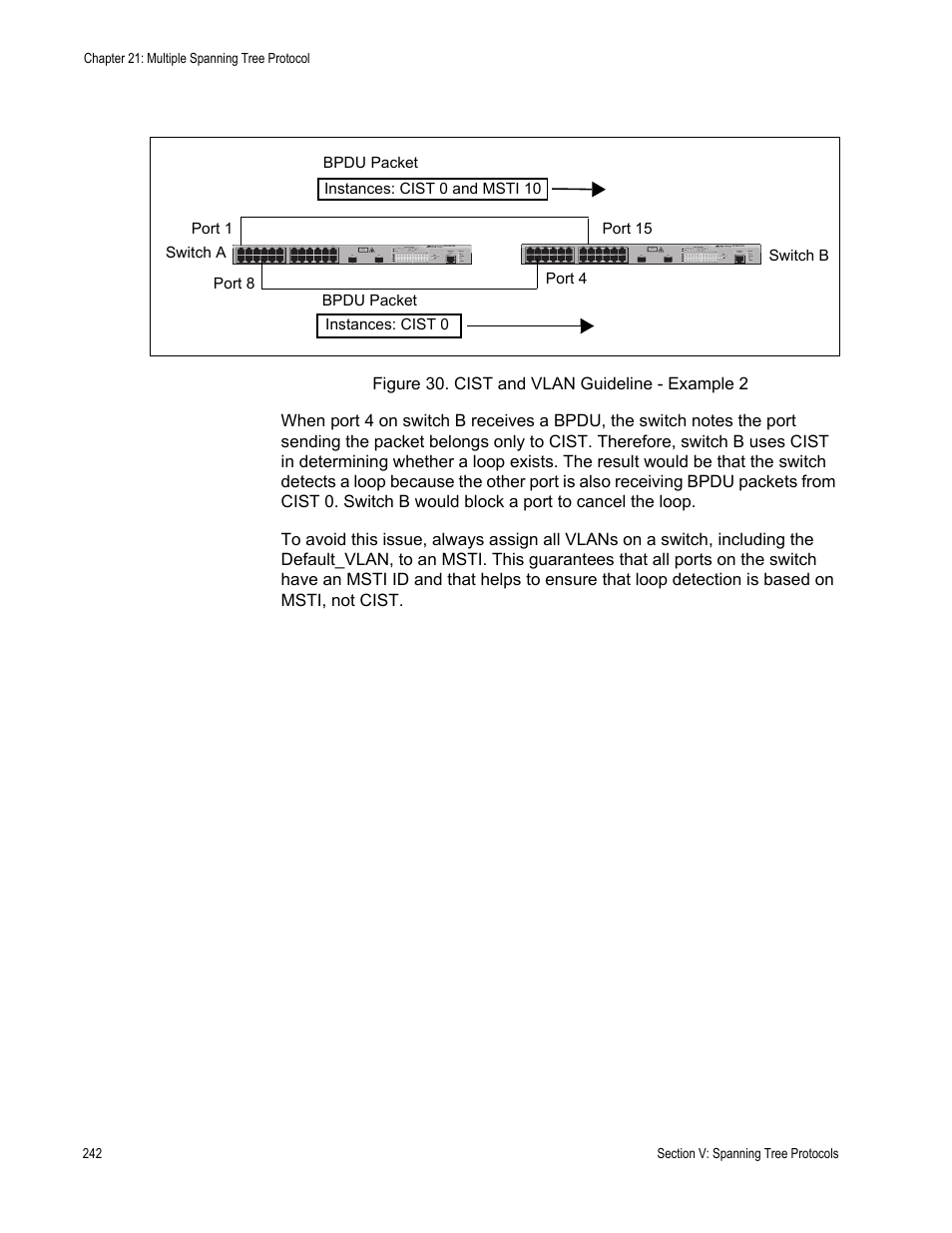 Figure 30: cist and vlan guideline - example 2 | Allied Telesis AT-S63 User Manual | Page 242 / 514