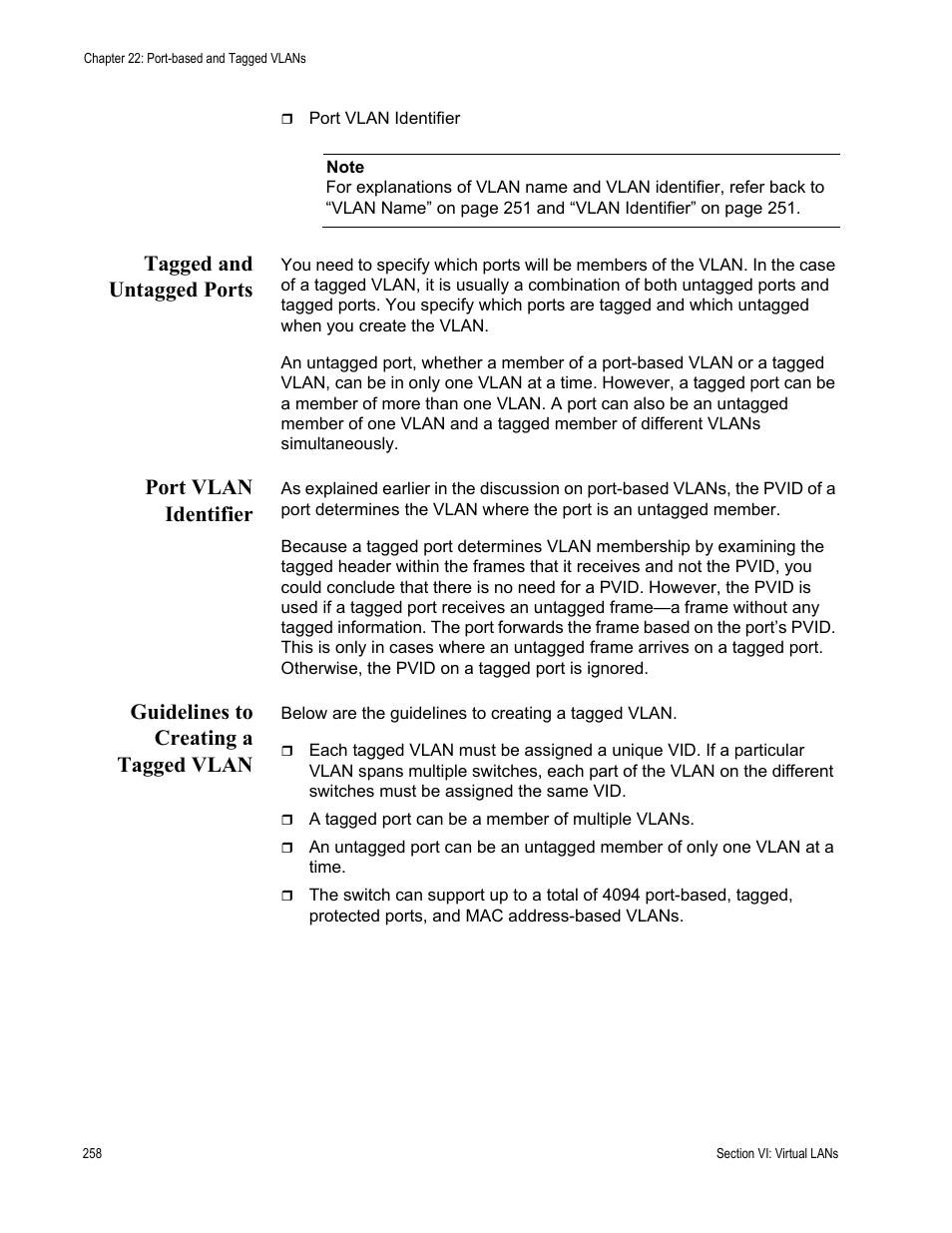 Tagged and untagged ports, Port vlan identifier, Guidelines to creating a tagged vlan | Allied Telesis AT-S63 User Manual | Page 258 / 514