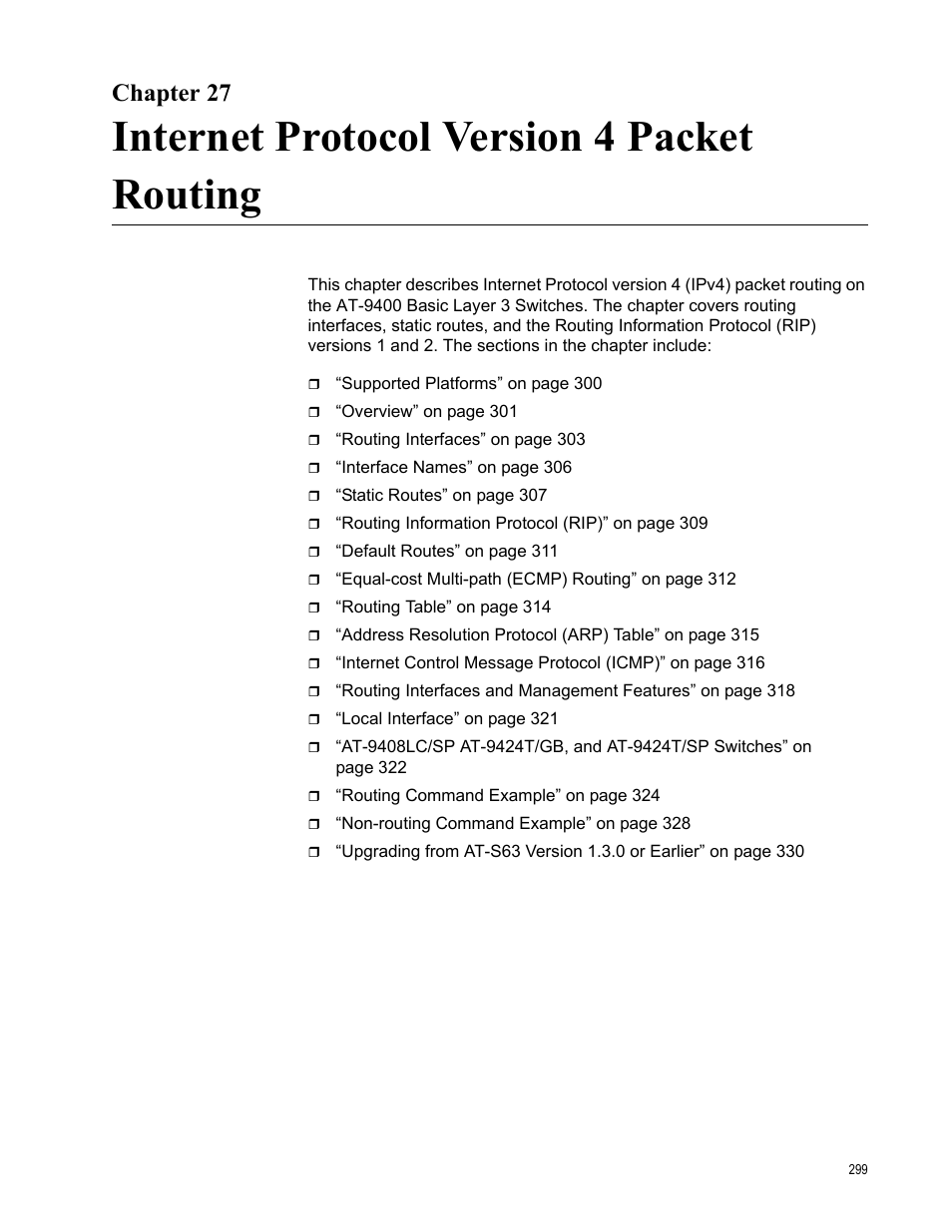Chapter 27, Internet protocol version 4 packet routing | Allied Telesis AT-S63 User Manual | Page 299 / 514