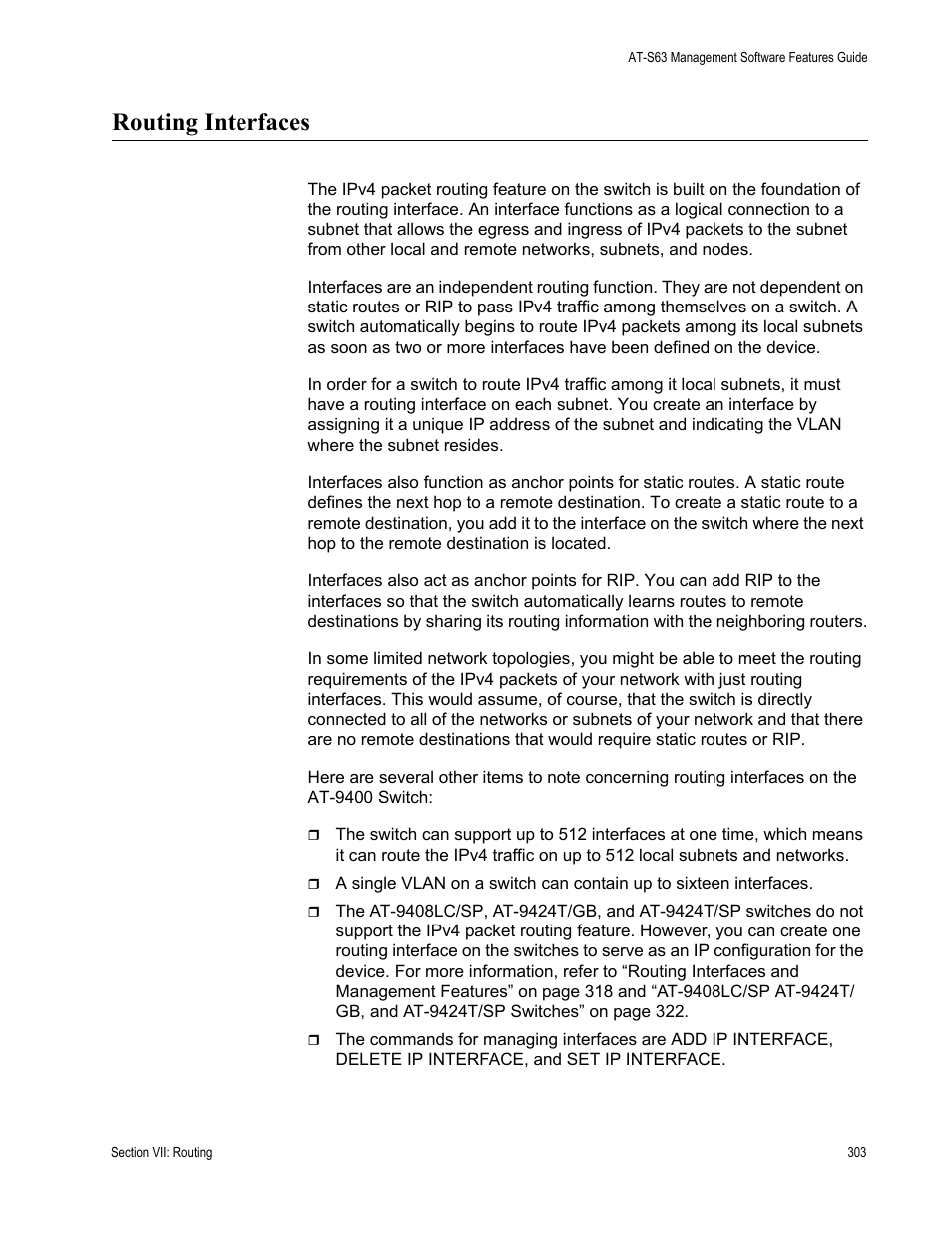 Routing interfaces | Allied Telesis AT-S63 User Manual | Page 303 / 514