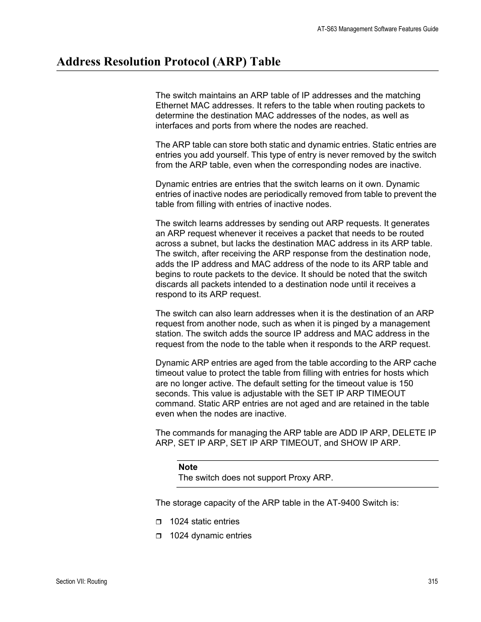 Address resolution protocol (arp) table | Allied Telesis AT-S63 User Manual | Page 315 / 514