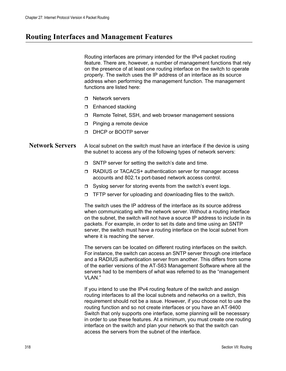 Routing interfaces and management features, Network servers | Allied Telesis AT-S63 User Manual | Page 318 / 514