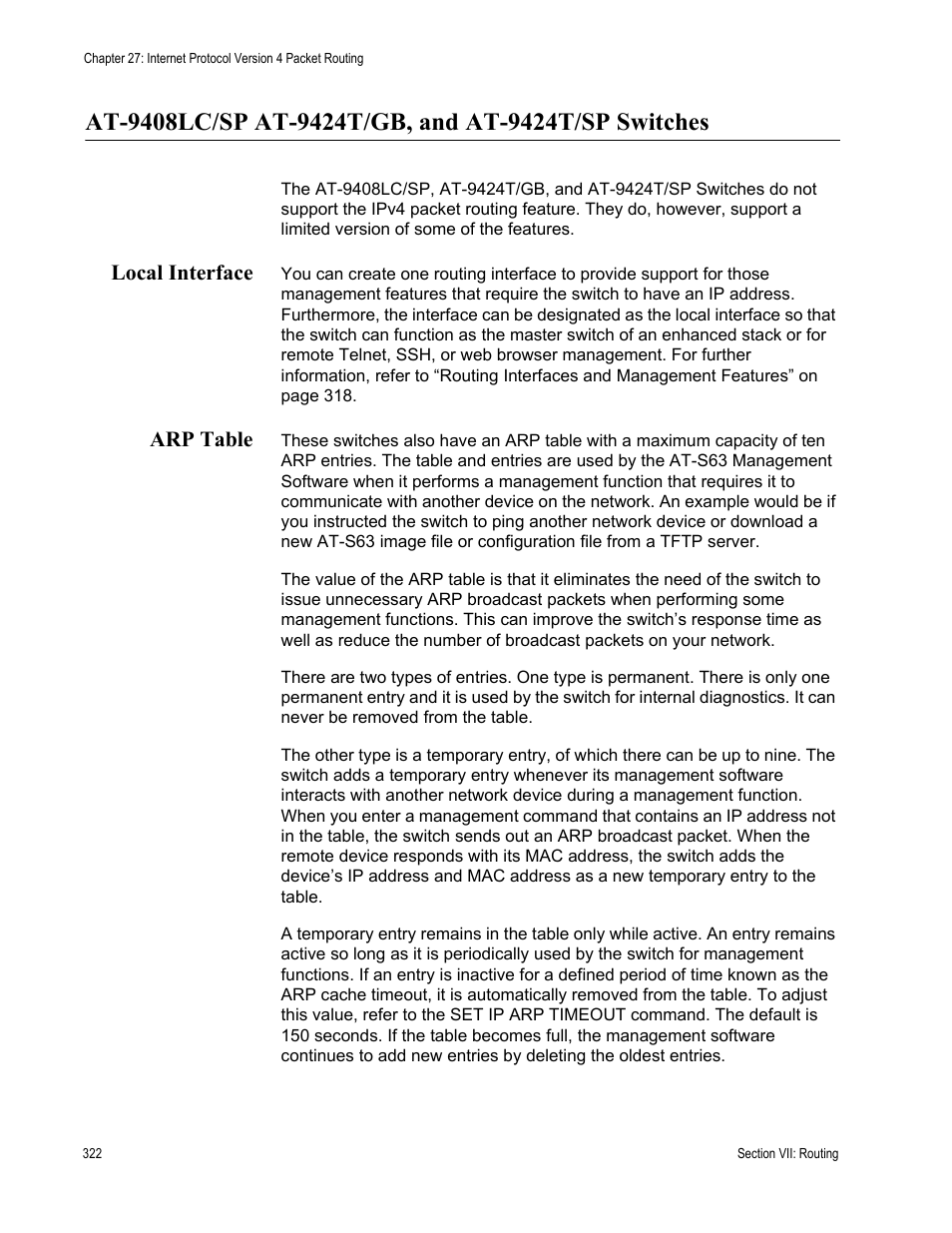 At-9408lc/sp at-9424t/gb, and at-9424t/sp switches, Local interface, Arp table | Local interface arp table | Allied Telesis AT-S63 User Manual | Page 322 / 514