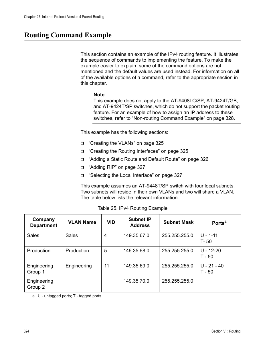 Routing command example, Table 25: ipv4 routing example | Allied Telesis AT-S63 User Manual | Page 324 / 514