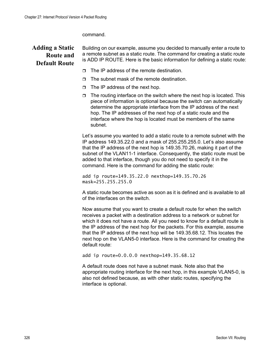 Adding a static route and default route | Allied Telesis AT-S63 User Manual | Page 326 / 514