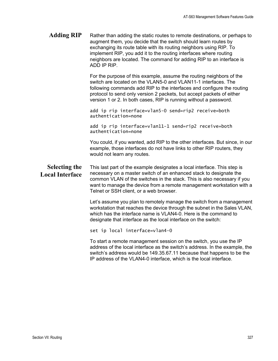 Adding rip, Selecting the local interface, Adding rip selecting the local interface | Allied Telesis AT-S63 User Manual | Page 327 / 514