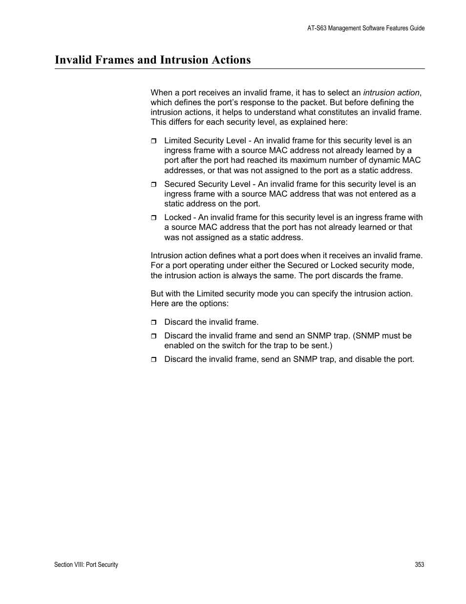 Invalid frames and intrusion actions | Allied Telesis AT-S63 User Manual | Page 353 / 514