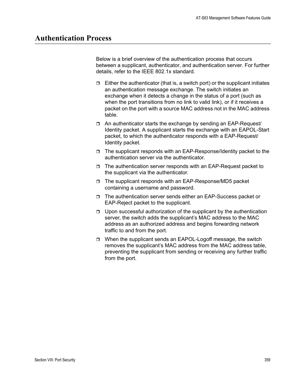 Authentication process | Allied Telesis AT-S63 User Manual | Page 359 / 514