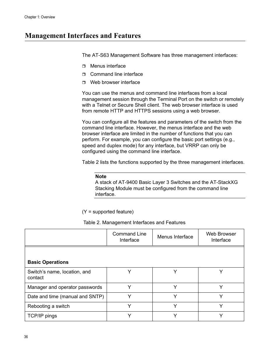 Management interfaces and features, Table 2: management interfaces and features | Allied Telesis AT-S63 User Manual | Page 36 / 514