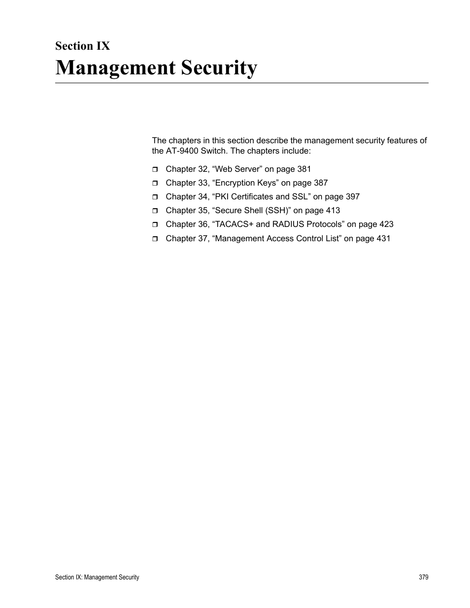 Section ix, Management security, Section ix: management security | Allied Telesis AT-S63 User Manual | Page 379 / 514