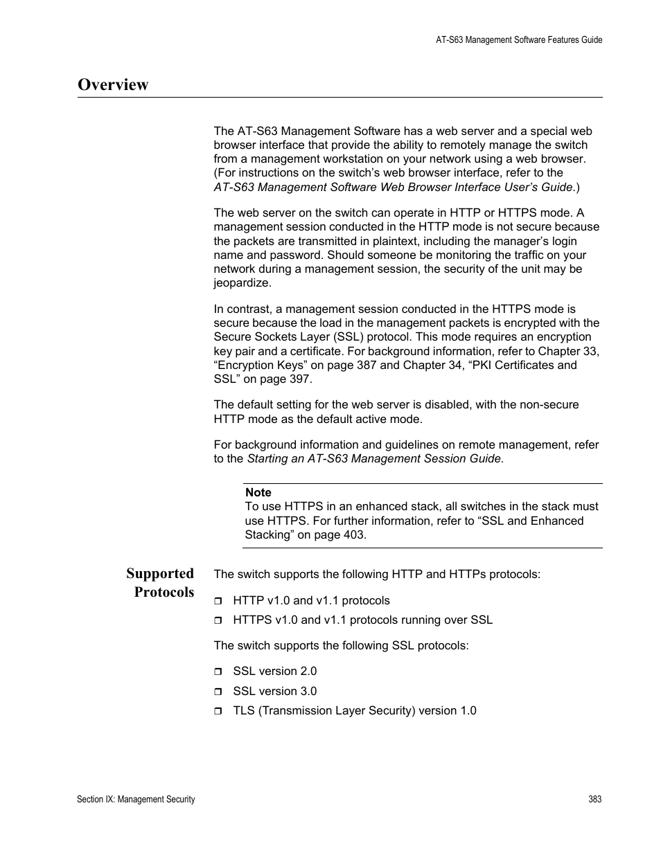 Overview, Supported protocols | Allied Telesis AT-S63 User Manual | Page 383 / 514