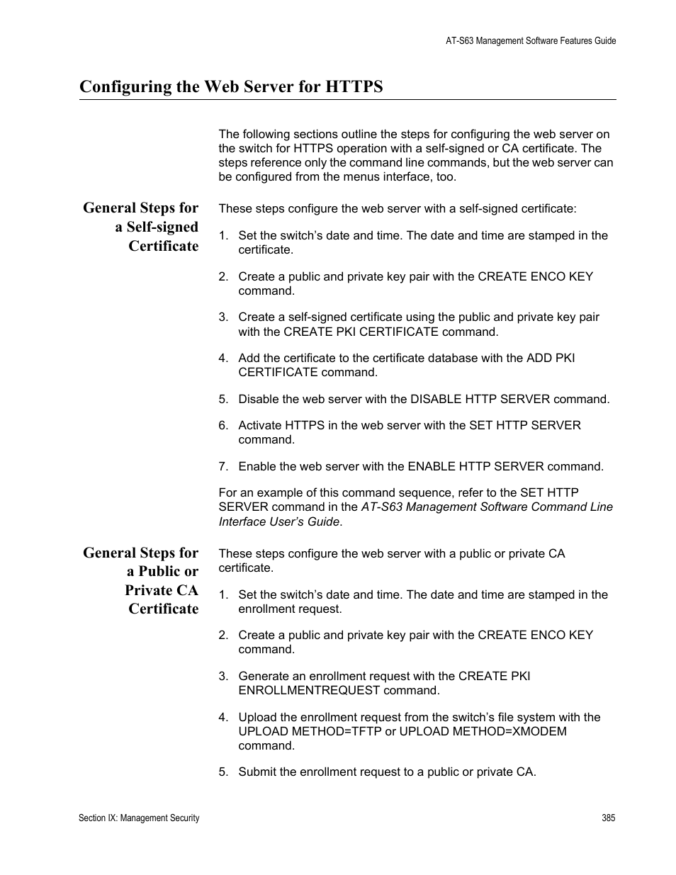 Configuring the web server for https, General steps for a self-signed certificate | Allied Telesis AT-S63 User Manual | Page 385 / 514