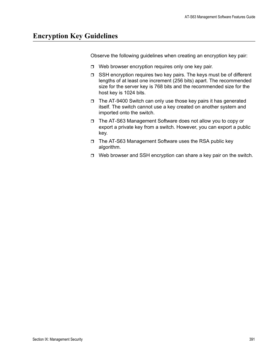 Encryption key guidelines | Allied Telesis AT-S63 User Manual | Page 391 / 514