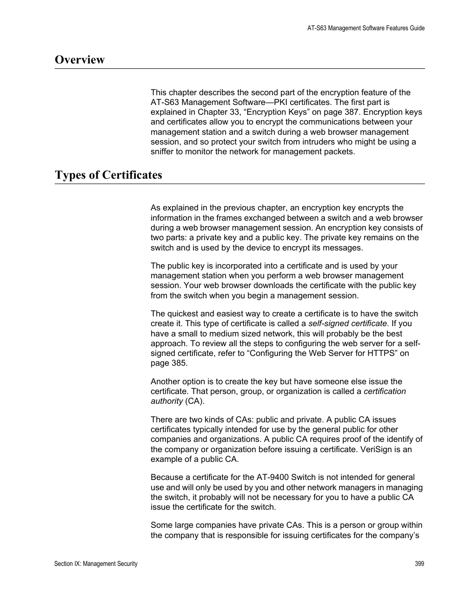 Overview, Types of certificates, Overview types of certificates | Allied Telesis AT-S63 User Manual | Page 399 / 514