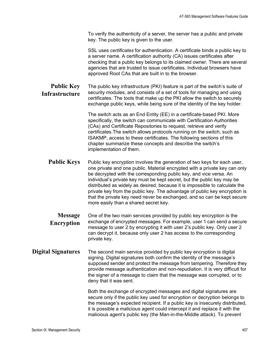 Public key infrastructure, Public keys, Message encryption | Digital signatures | Allied Telesis AT-S63 User Manual | Page 407 / 514