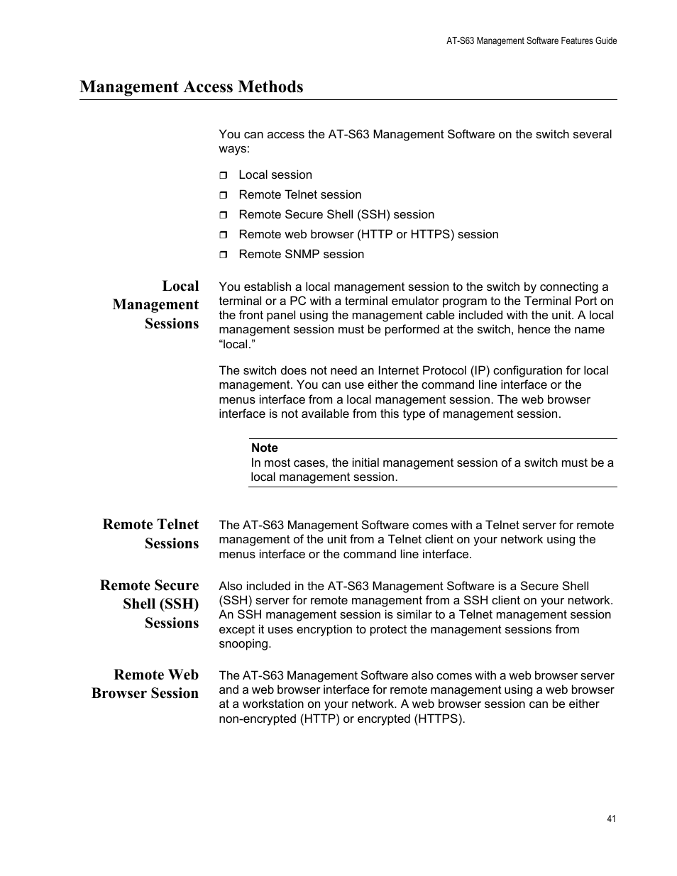 Management access methods, Local management sessions, Remote telnet sessions | Remote secure shell (ssh) sessions, Remote web browser session | Allied Telesis AT-S63 User Manual | Page 41 / 514