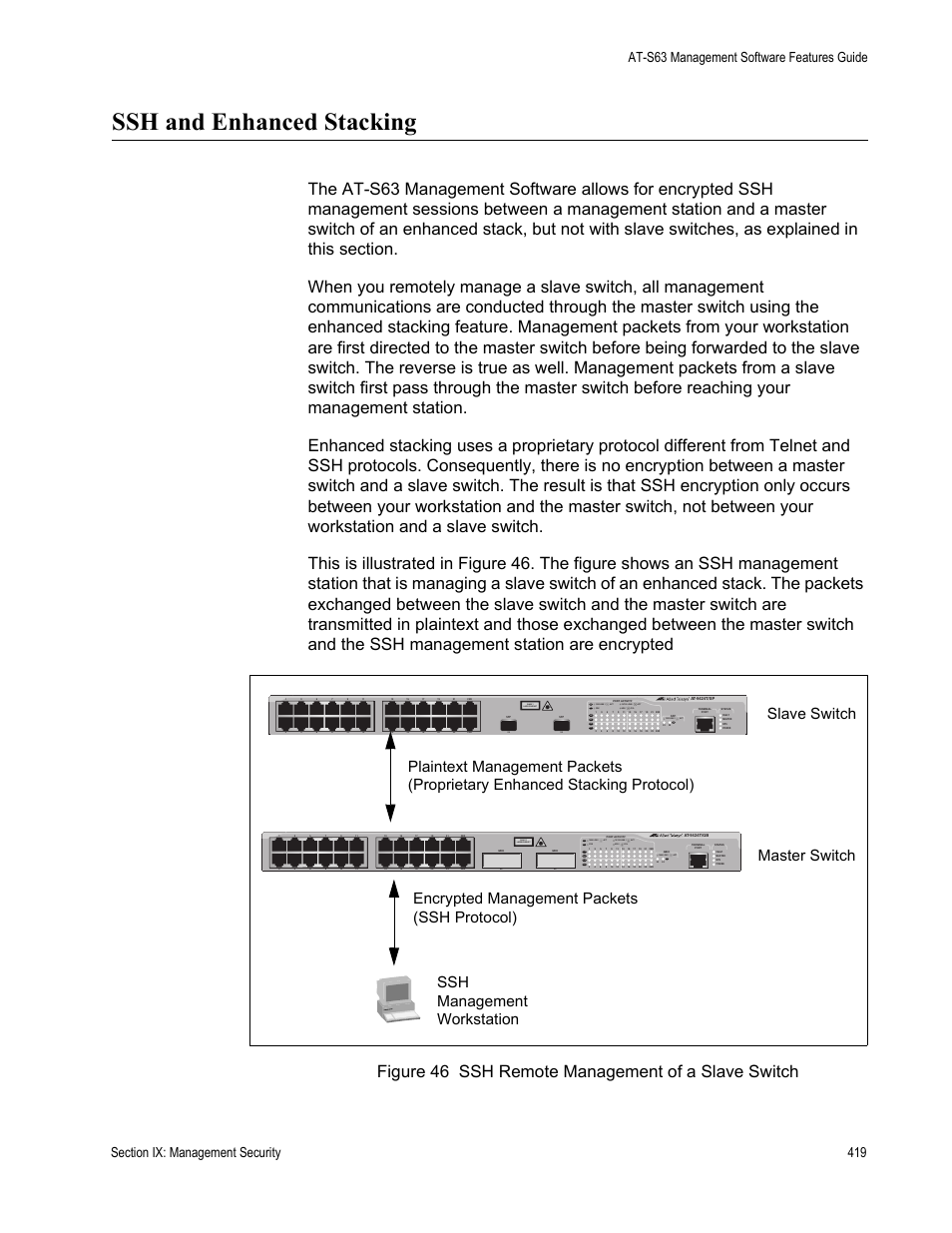 Ssh and enhanced stacking, Ssh remote management of a slave switch, Class 1 laser product | L/a d/c d/c l/a d/c l/a | Allied Telesis AT-S63 User Manual | Page 419 / 514