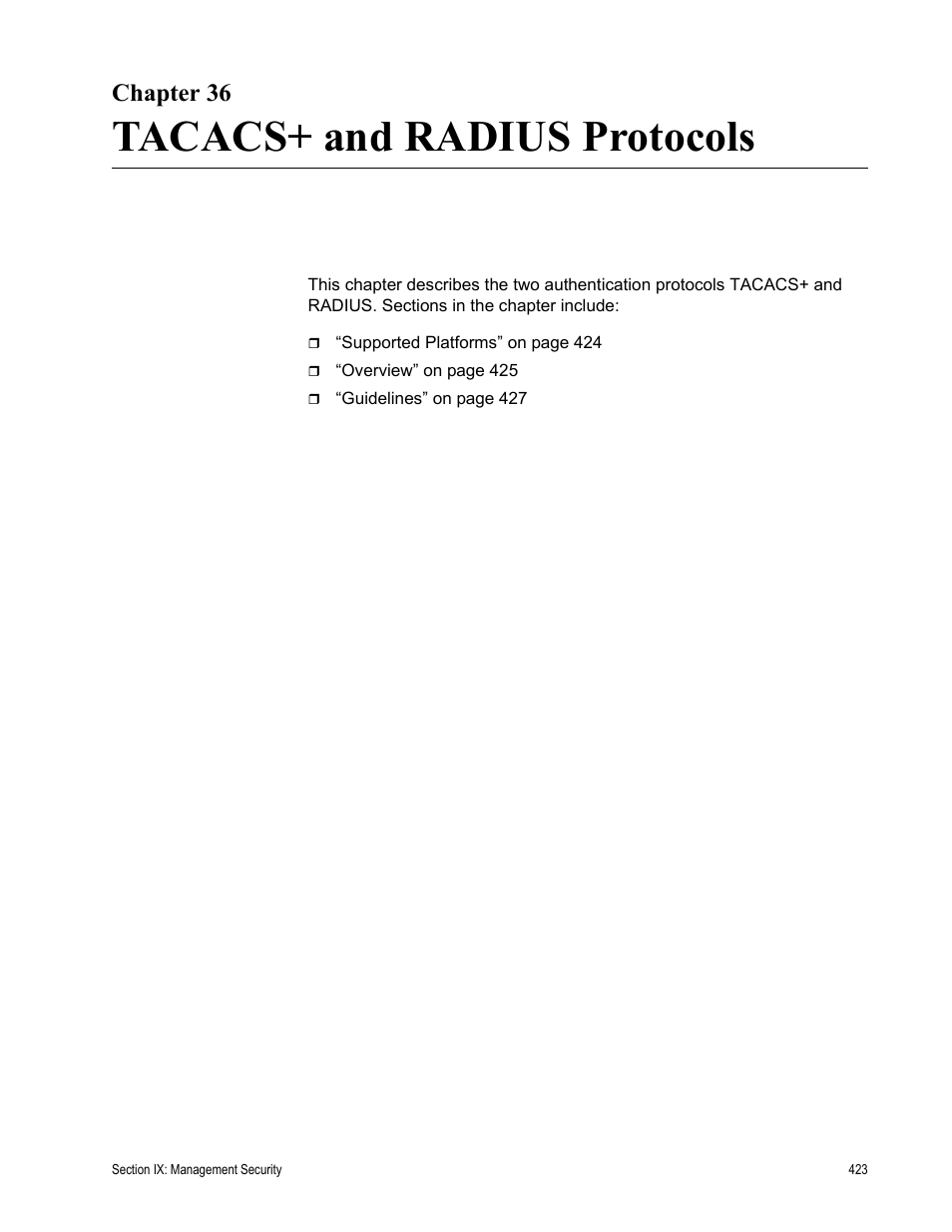 Chapter 36, Tacacs+ and radius protocols, Chapter 36: tacacs+ and radius protocols | Allied Telesis AT-S63 User Manual | Page 423 / 514