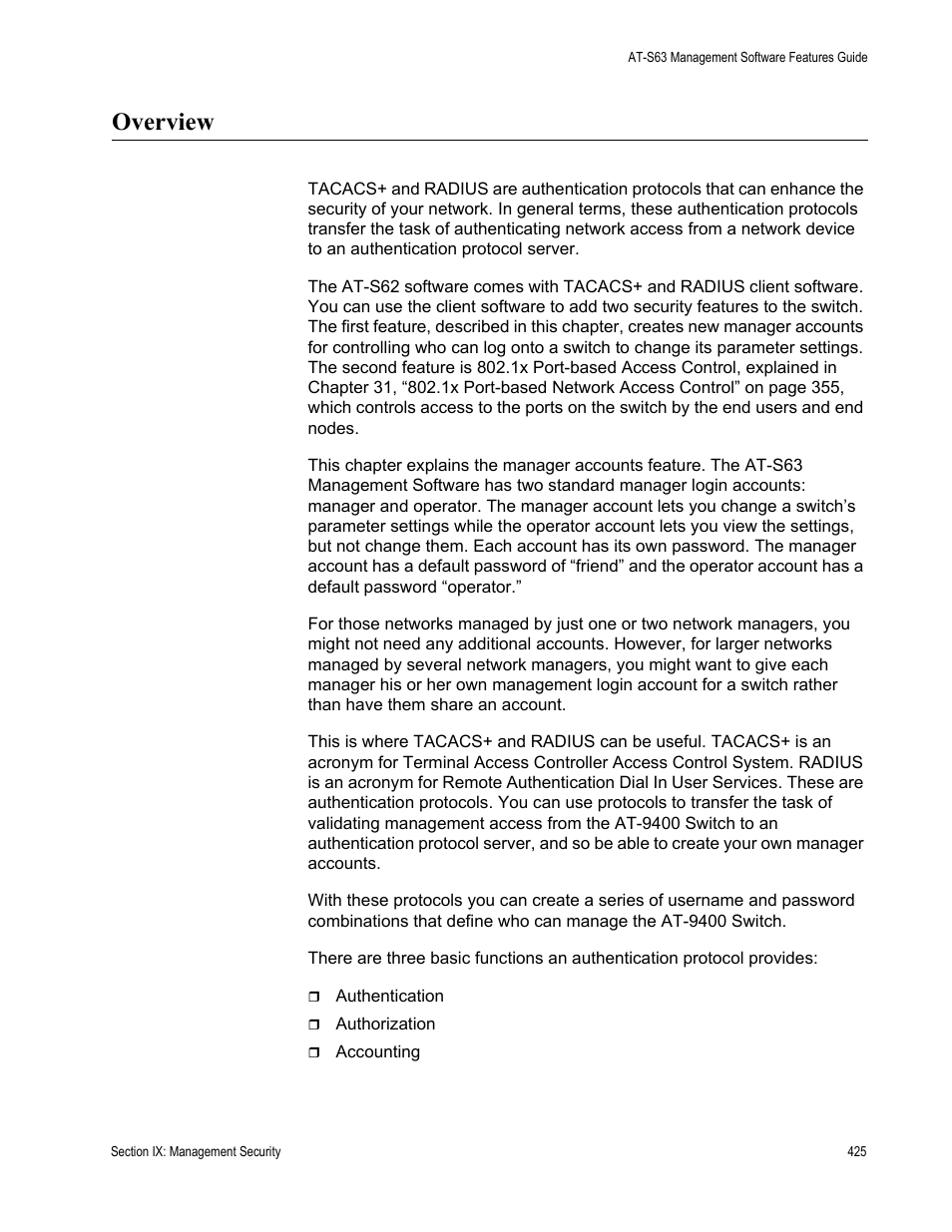 Overview | Allied Telesis AT-S63 User Manual | Page 425 / 514