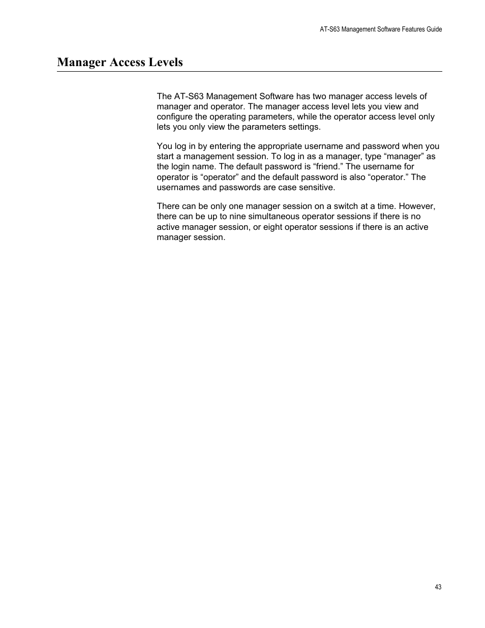 Manager access levels | Allied Telesis AT-S63 User Manual | Page 43 / 514