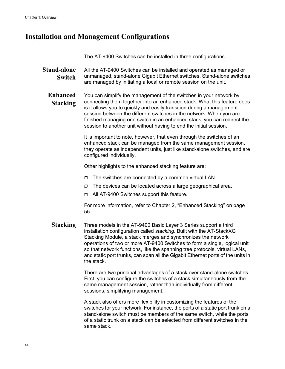 Installation and management configurations, Stand-alone switch, Enhanced stacking | Stacking, Stand-alone switch enhanced stacking stacking | Allied Telesis AT-S63 User Manual | Page 44 / 514