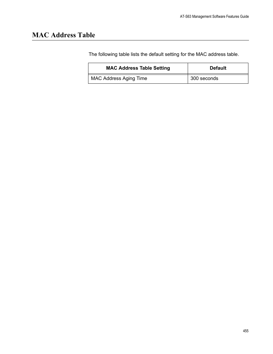 Mac address table | Allied Telesis AT-S63 User Manual | Page 455 / 514