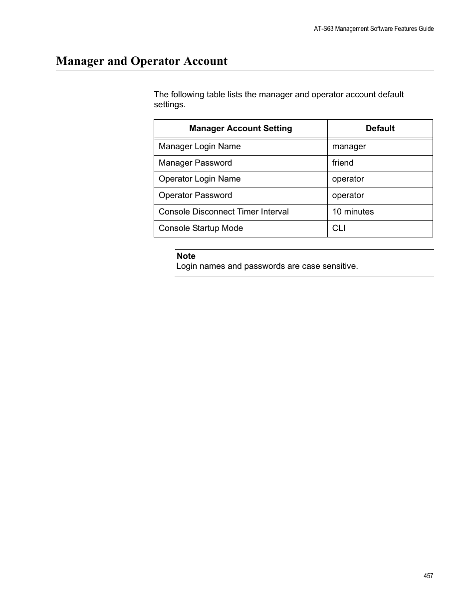 Manager and operator account | Allied Telesis AT-S63 User Manual | Page 457 / 514