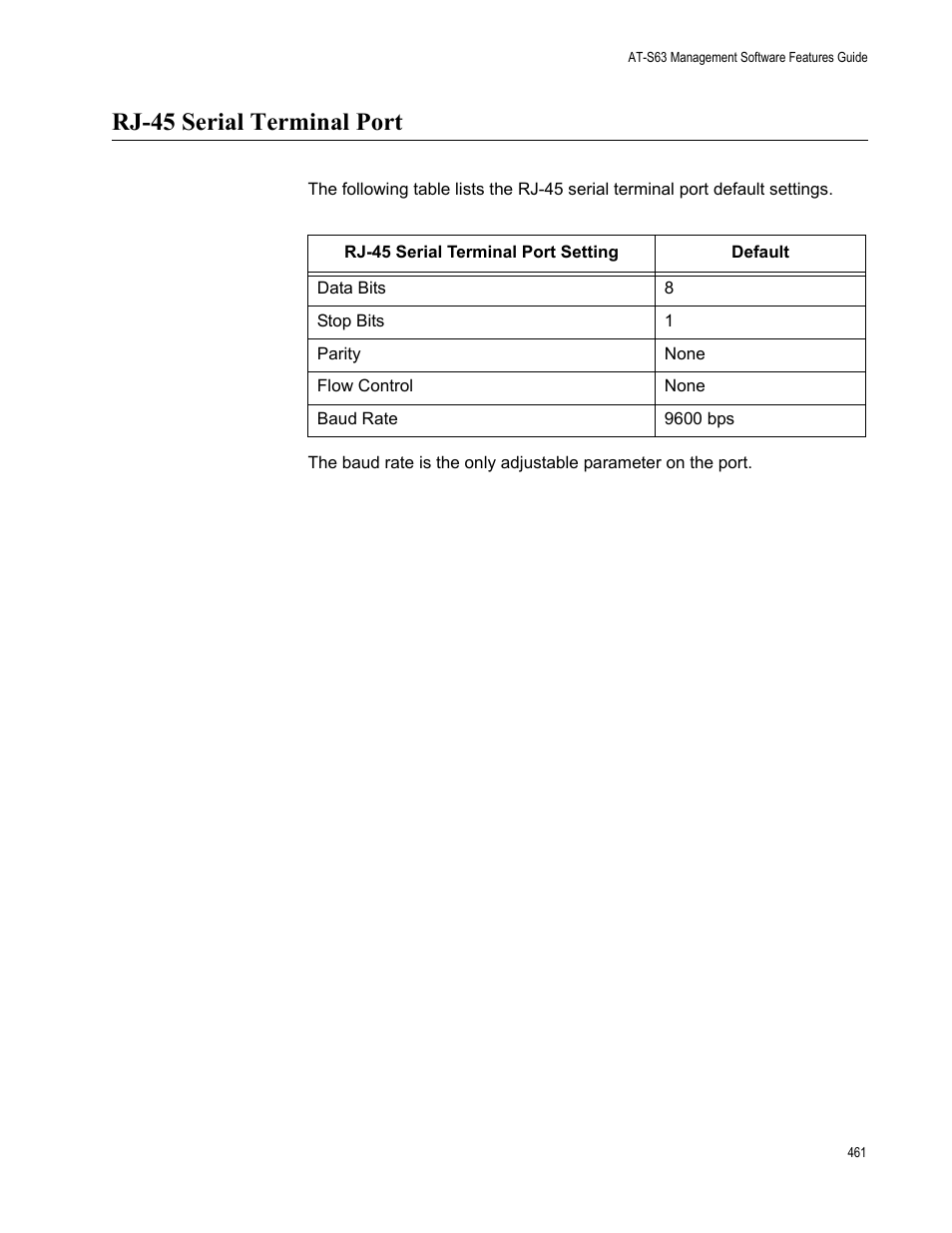 Rj-45 serial terminal port | Allied Telesis AT-S63 User Manual | Page 461 / 514