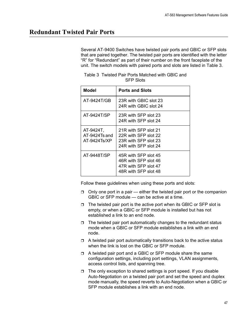 Redundant twisted pair ports | Allied Telesis AT-S63 User Manual | Page 47 / 514