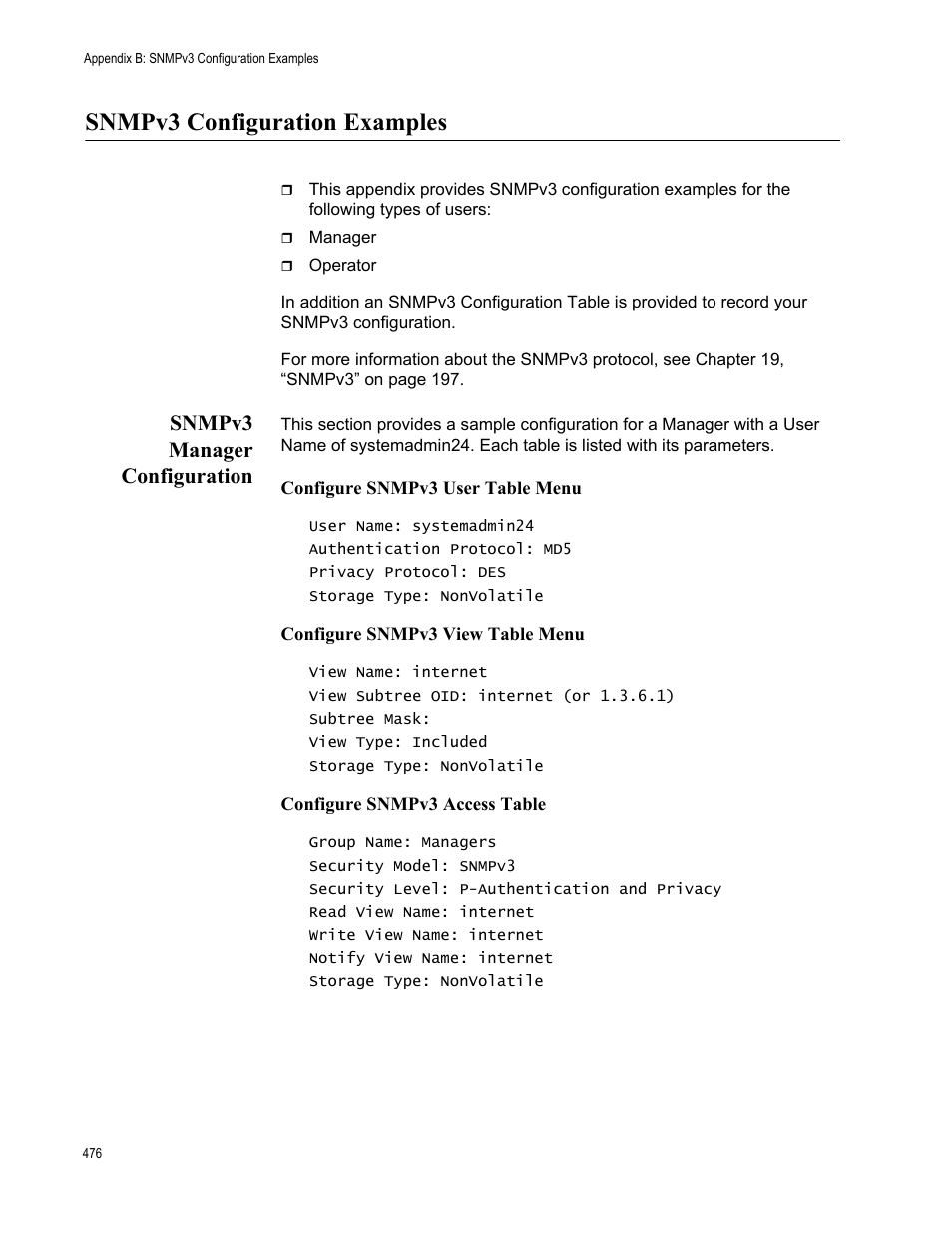 Snmpv3 configuration examples, Snmpv3 manager configuration | Allied Telesis AT-S63 User Manual | Page 476 / 514
