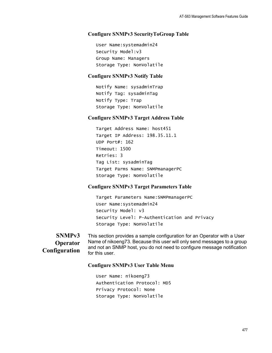 Snmpv3 operator configuration | Allied Telesis AT-S63 User Manual | Page 477 / 514