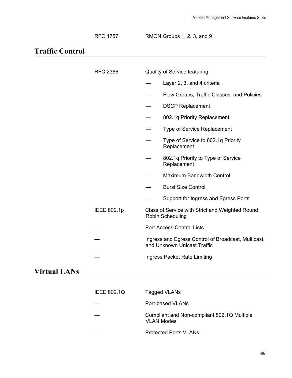 Traffic control, Virtual lans, Traffic control virtual lans | Allied Telesis AT-S63 User Manual | Page 487 / 514