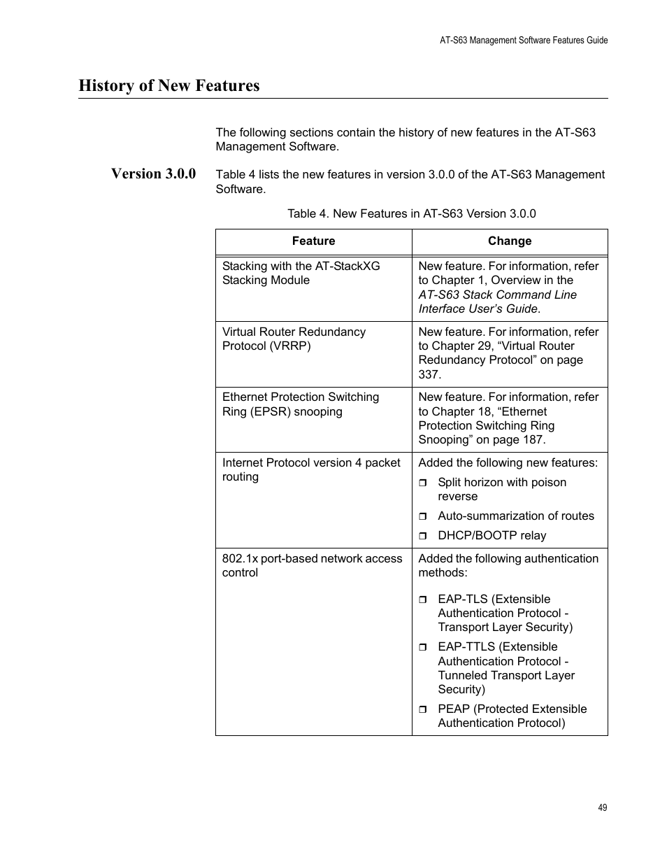 History of new features, Version 3.0.0, Table 4: new features in at-s63 version 3.0.0 | Allied Telesis AT-S63 User Manual | Page 49 / 514