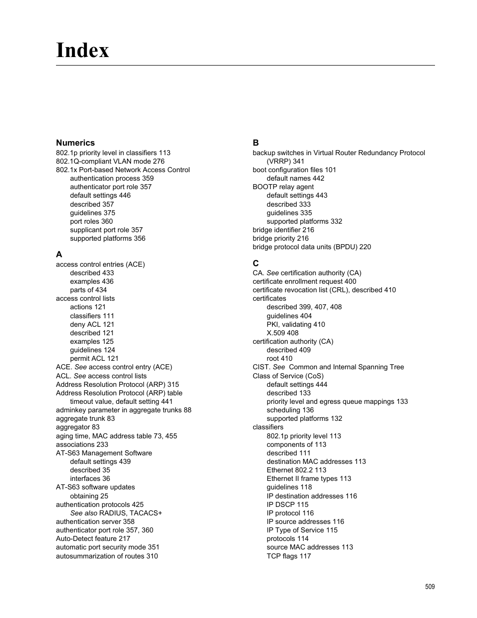 Index, Numerics | Allied Telesis AT-S63 User Manual | Page 509 / 514