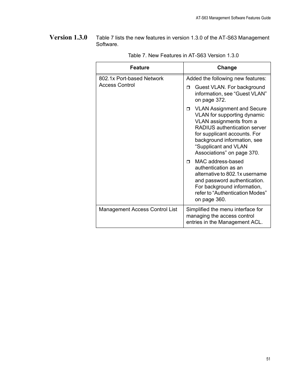 Version 1.3.0, Table 7: new features in at-s63 version 1.3.0 | Allied Telesis AT-S63 User Manual | Page 51 / 514