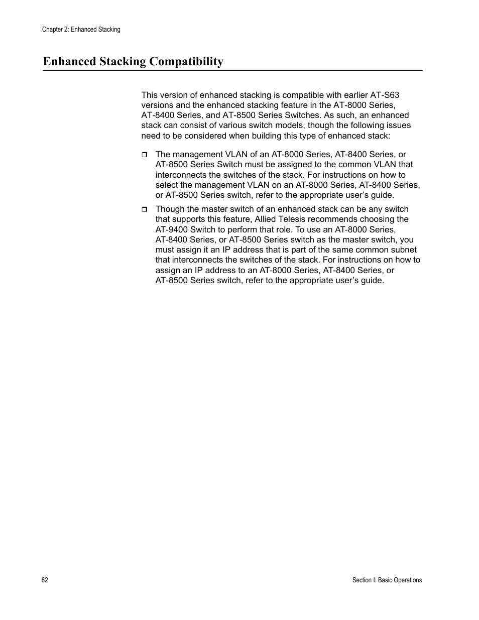 Enhanced stacking compatibility | Allied Telesis AT-S63 User Manual | Page 62 / 514