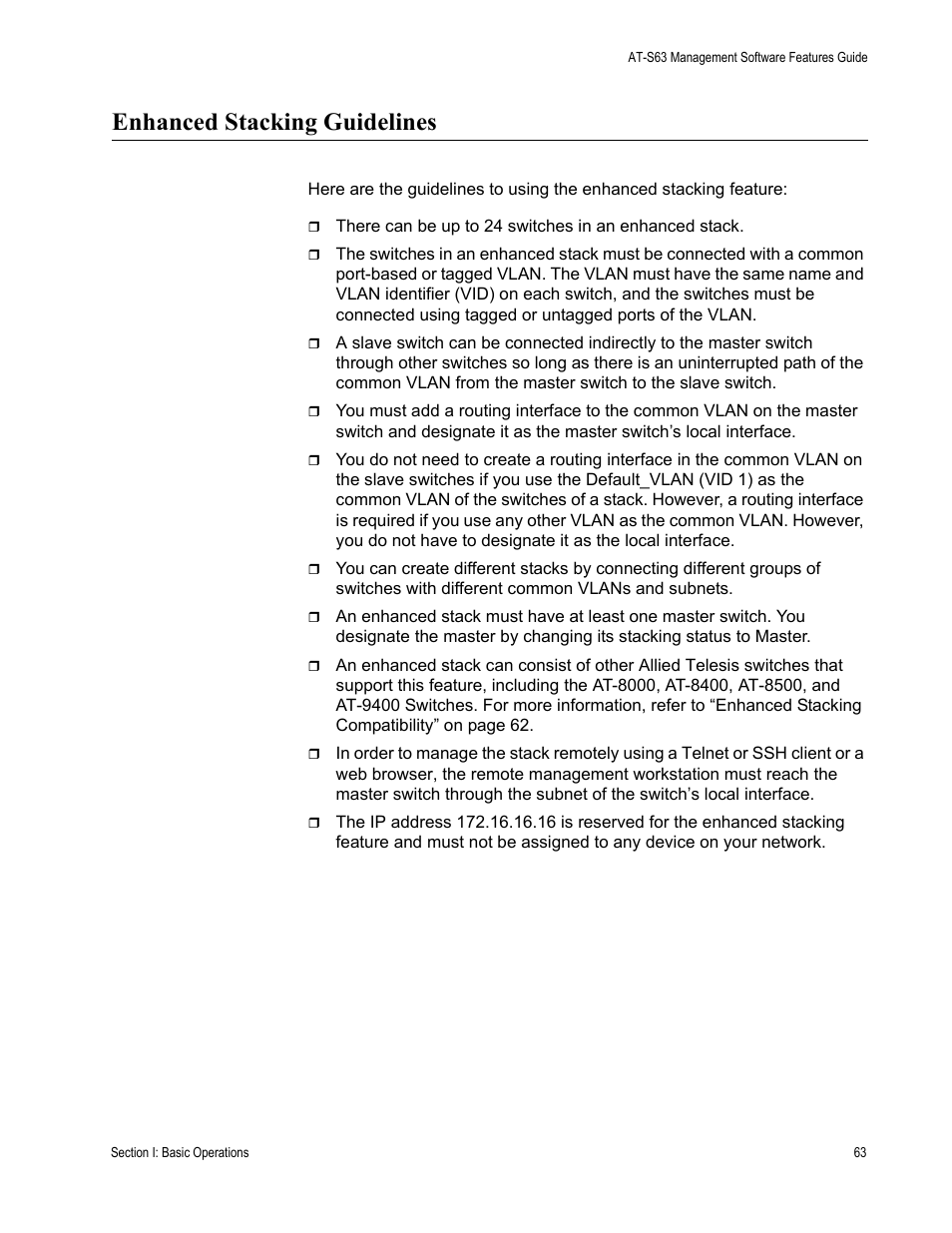 Enhanced stacking guidelines | Allied Telesis AT-S63 User Manual | Page 63 / 514