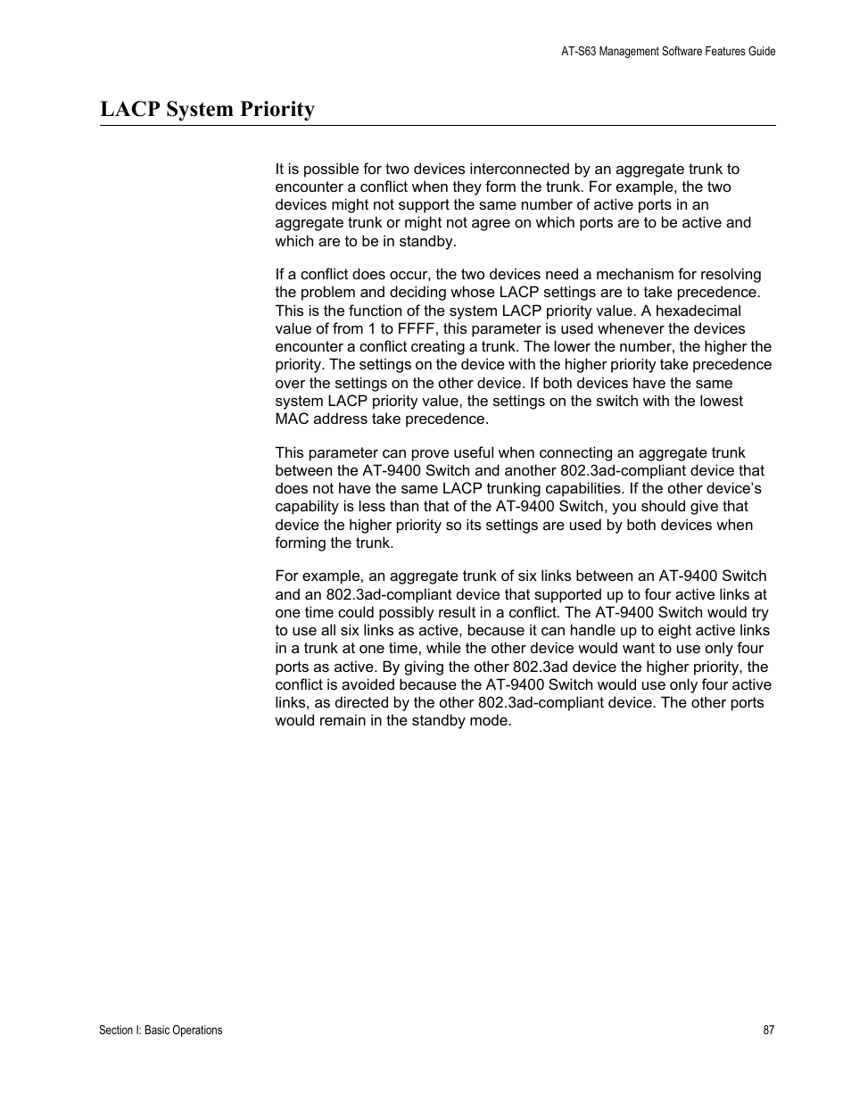 Lacp system priority | Allied Telesis AT-S63 User Manual | Page 87 / 514