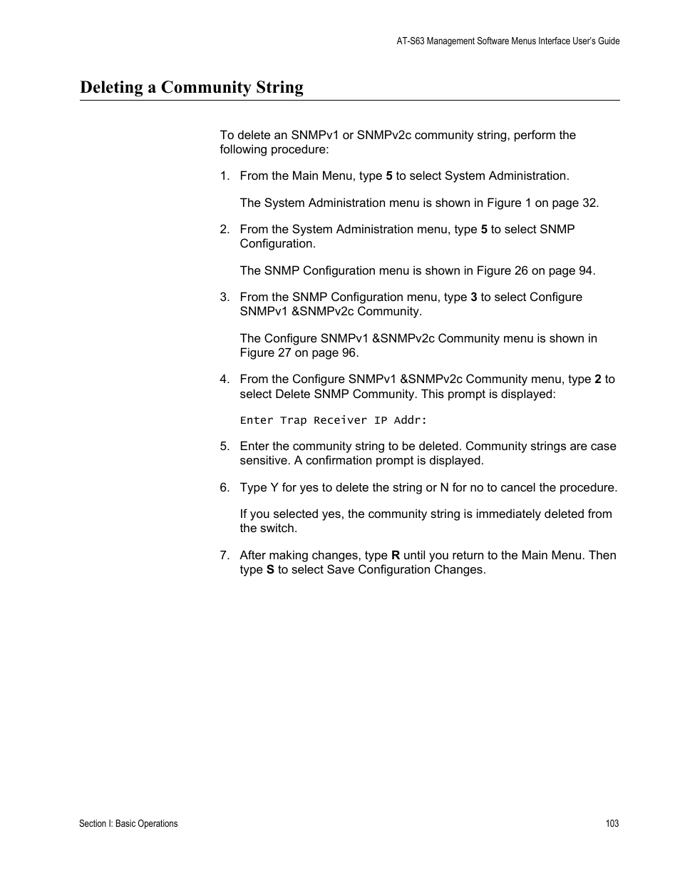 Deleting a community string | Allied Telesis AT-S63 User Manual | Page 103 / 672