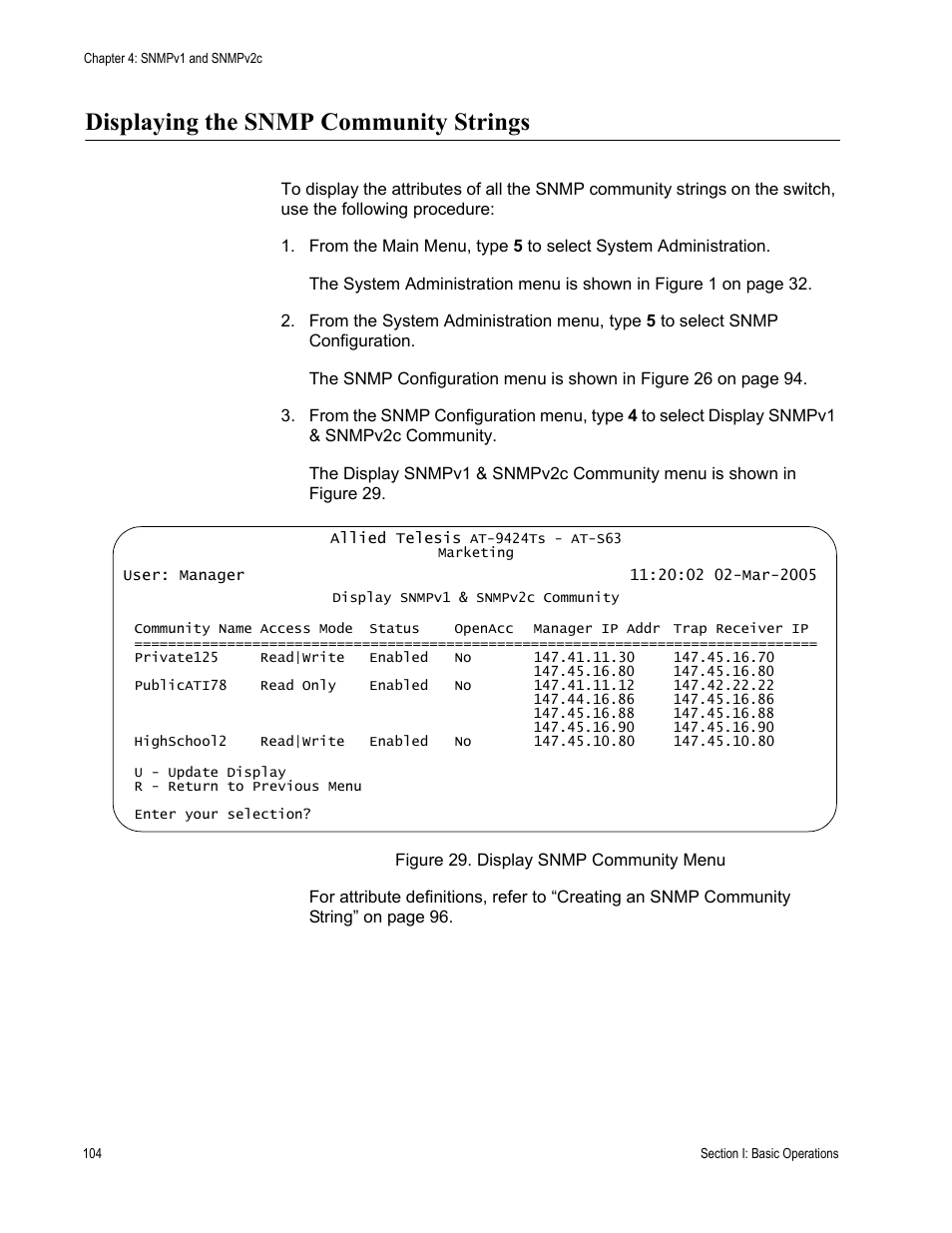 Displaying the snmp community strings, Figure 29: display snmp community menu | Allied Telesis AT-S63 User Manual | Page 104 / 672